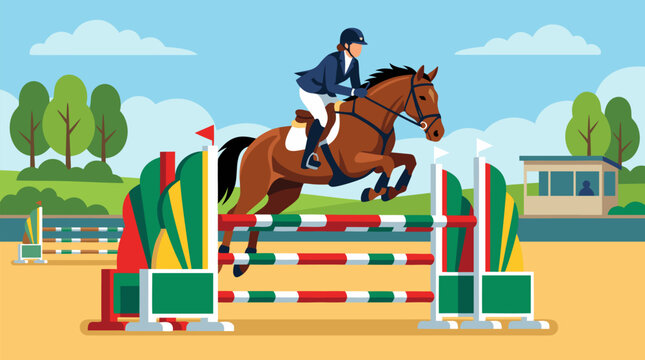 Equestrian show jumper and chestnut horse soaring over colorful rails on a sunny outdoor arena course, dynamic flat vector sports illustration for riding competition and event promotion