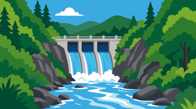 Small hydroelectric dam pouring bright blue water through a lush forested mountain gorge, clean renewable energy vector landscape with rocks, pines, river rapids and green conservation theme