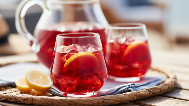 Refreshing red summer cocktails with ice cubes and orange slices served in glasses on a woven tray outdoors.