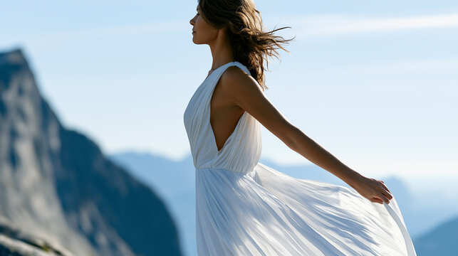Beautiful woman in a flowing white dress standing against a dramatic backdrop of blue mountains and clear sky.