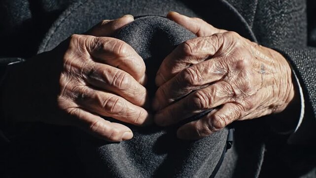 Close-up of Aged Hands Holding a Felt Hat, Conveying Wisdom, Experience, and Reflection in a Somber Mood