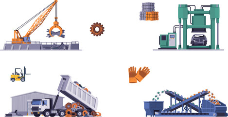 Industrial Recycling and Waste Management Icon Set Featuring Scrap Metal Crane Car Crusher Dump Truck Forklift and Conveyor Belt Systems © MstAkhlima