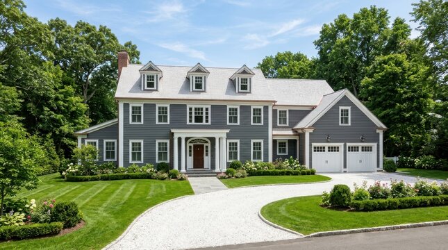 A stunning grey colonial home with a white gravel driveway and manicured green landscape