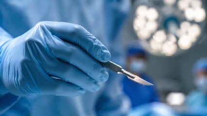 Fototapeta premium Close-up shows blue sterile glove gripping sharp scalpel beneath blurred round operating lights, with cool hospital tones, precise medical focus, and clinical atmosphere for surgery concepts