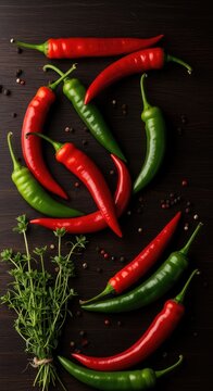 Assorted vibrant organic chili peppers and fresh garden herbs arranged on a dark wooden surface, emphasizing natural flavor and intense heat ,diet ,garden ,fresh