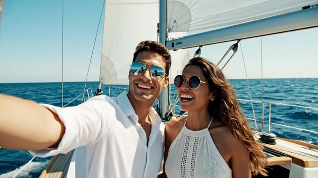 Young man and woman taking a selfie on a sailboat deck in the open ocean. Both wear sunglasses and white summer clothing under a clear blue sky on a bright sunny day at sea.