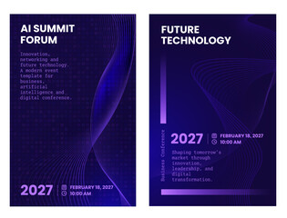 AI summit and future technology poster template set with dark purple tile background, neon wave lines, business conference typography and futuristic layout for digital event design © Kari_designer