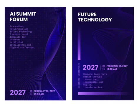 AI summit and future technology poster template set with dark purple tile background, neon wave lines, business conference typography and futuristic layout for digital event design