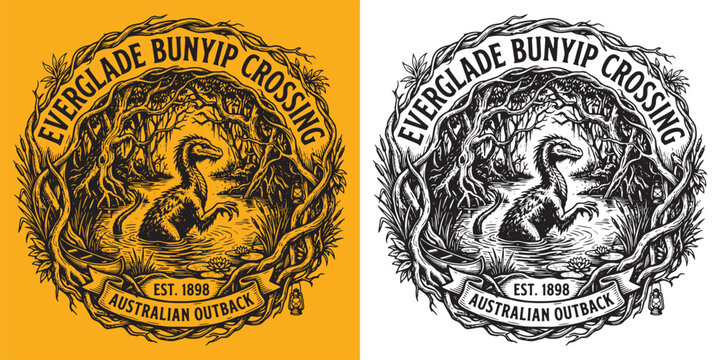 Everglade Bunyip Crossing Vintage Badge Australian Outback Illustration