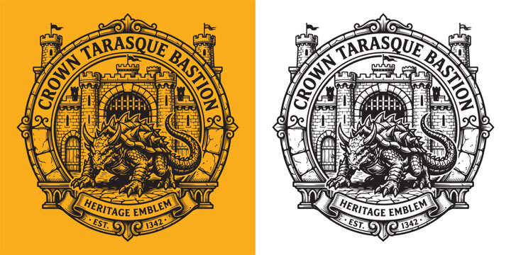Crown Tarasque Bastion Heritage Emblem Medieval Fortress Illustration