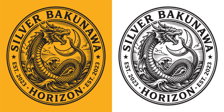 Silver Bakunawa Moon Serpent Emblem Vintage Nautical Illustration