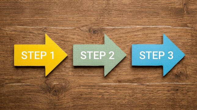 Three colorful wooden arrows labeled step one two and three on a rustic dark wood surface