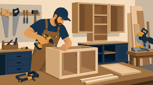 Skilled carpenter drilling custom kitchen cabinet frames in woodworking shop with saws, clamps, lumber, shelves and professional tools for renovation, cabinetry, carpentry and home improvement