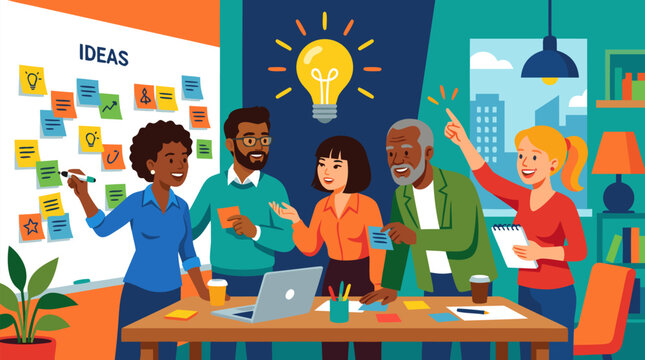 Diverse startup founders brainstorming around sticky notes with glowing lightbulb, vibrant vector scene of innovation, creative teamwork, planning, leadership, and fresh business ideas