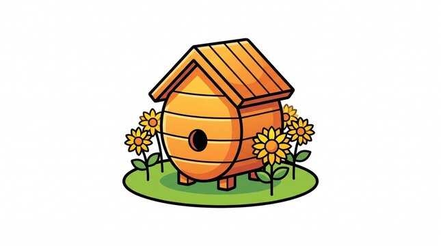 Cartoon beehive house with blooming sunflowers in a grassy garden setting