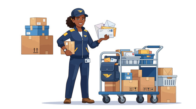 A smiling female postal worker in uniform stands with a mail cart full of packages and letters, showcasing deliveries against a clean white background