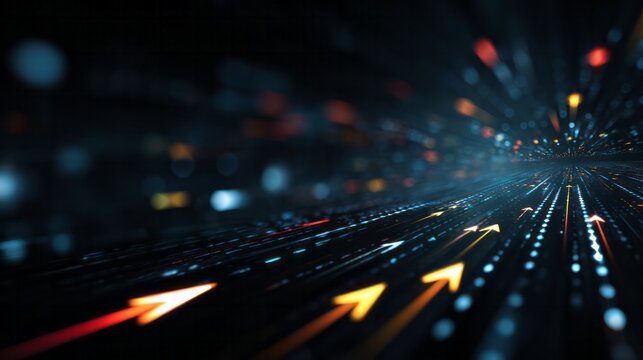 Bright arrows race forward in a dark, futuristic digital highway.
