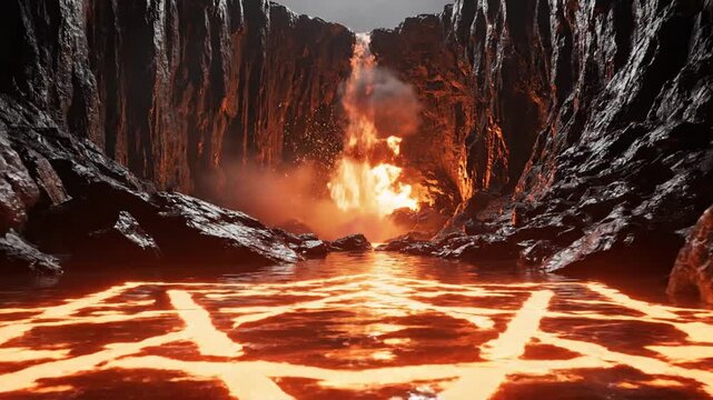 Glowing orange geometric star pattern on water surface in a dark rocky canyon with fiery lava waterfall in background, sparks and smoke rising from base of the fire pit.