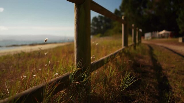 Rustic Wooden Fence Along Coastal Path with Sea View &ndash; Summer Travel Mood