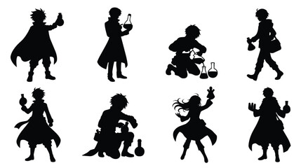 Fantasy alchemist silhouette set with 8 characters, medieval potion maker vector icons, magic wizard and scientist figures for gaming and storytelling © Shahzaib