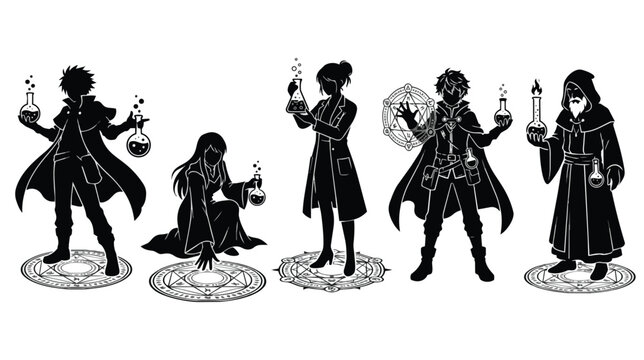 Fantasy alchemist character silhouettes, set of 5 magic wizard and sorcerer vectors, dark occult scientist figures with potions and alchemy circles