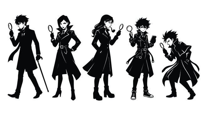 Noir detective silhouette character set, mysterious investigators with magnifying glasses, black and white anime style spy vector collection