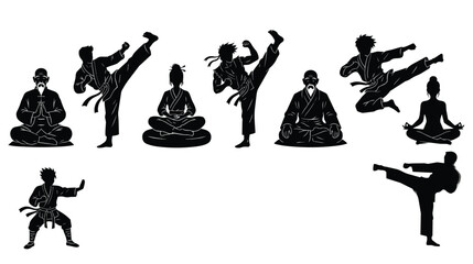 Martial arts silhouettes set, karate and kung fu fighter poses, black vector icons of monks and warriors in combat and meditation stances © Shahzaib