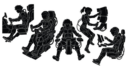 Futuristic spaceship pilot silhouettes, sci-fi astronaut character set, black vector icons of mecha cockpit operators and flight crew © Shahzaib