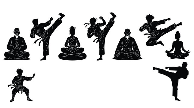 Martial arts silhouettes set, karate and kung fu fighter poses, black vector icons of monks and warriors in combat and meditation stances