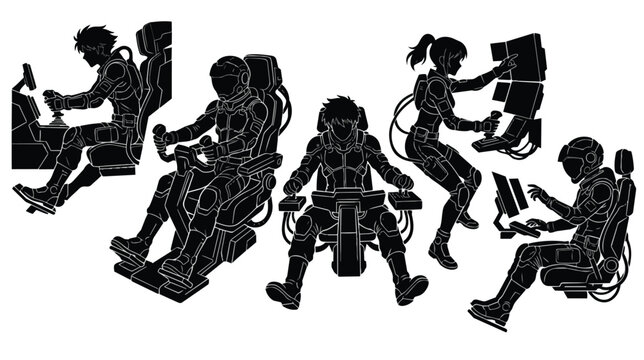 Futuristic spaceship pilot silhouettes, sci-fi astronaut character set, black vector icons of mecha cockpit operators and flight crew