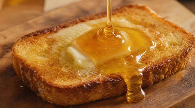 Close-up of golden honey dripping onto warm buttered toast with melted butter on rustic wooden board, delicious breakfast food photography with sweet amber syrup flowing over crispy golden bread slice