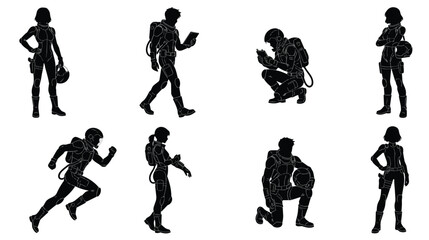 Futuristic astronaut silhouettes set, sci-fi space explorer character collection, black vector figures of galactic soldiers and pilots in spacesuits © Shahzaib