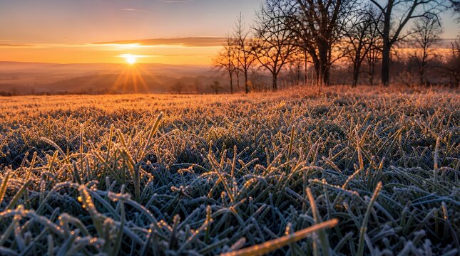 Breathtaking Frost-Covered Grass Field Sparkling Under First Warm Sunrise Rays: Golden Hour Light Filters Through Leafless Winter Trees Over Frozen Meadow Landscape at Dawn in Early Winter