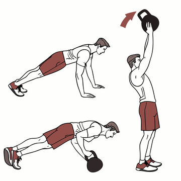 A man demonstrating a kettlebell plank to overhead press exercise sequence, shown in a two-part instructional on white background