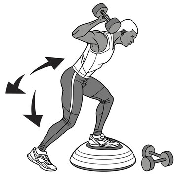 Black and white line of a man performing a row exercise with a dumbbell on a bosu ball, isolated on a white background