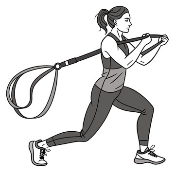 A monochromatic of a woman doing a lunge exercise using a suspension trainer strap system on a plain white background isolated