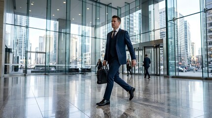 Fototapeta premium Confident Businessman in Navy Blue Suit Walking Briskly Through Modern Glass Office Lobby with City Skyline View, Carrying Black Briefcase, Corporate Professional in Motion, Executive Career Success