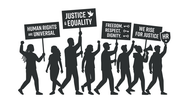 Silhouettes of diverse people marching for human rights.