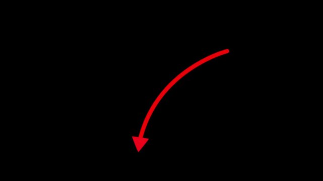 Hand-drawn stop motion down arrow on a transparent background, hand-drawn red arrow animation
