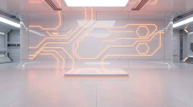 Futuristic Sci-Fi White Lab Background Template with Neon Orange Lights
