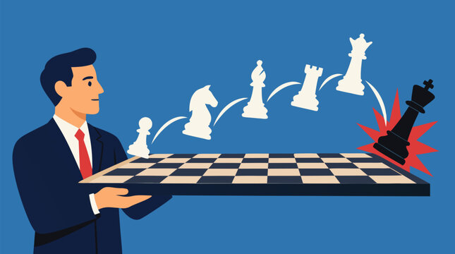 Confident businessman holds a chessboard as pieces leap in a winning sequence to checkmate the king, dynamic vector strategy concept for competition, tactics, foresight and decisive success