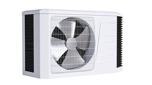 White outdoor air conditioning unit with large fan, isolated on transparent background
