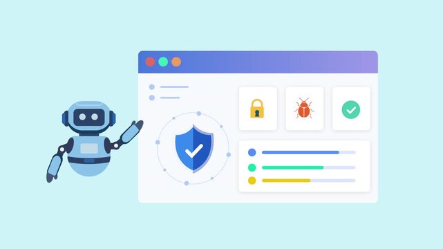 Flat vector illustration of a robot assistant beside a cloud security dashboard with shield, lock, and verification icons, representing cybersecurity, cloud protection, and secure data management.