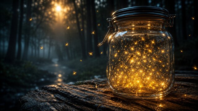 Glowing Fireflies in Glass Jar on Log in Dark Forest