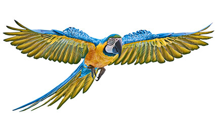Blue and yellow macaw parrot in flight, isolated on transparent background © Noah