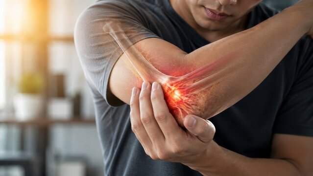 Young Man Holding Painful Elbow with Red Glow Injury Effect