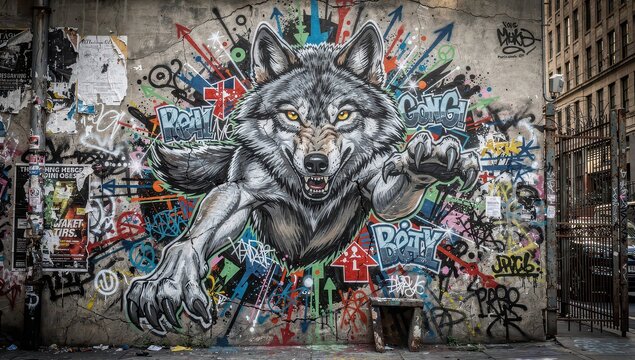 Vibrant street art and dynamic graffiti depicting a wolf with bold, colorful lines