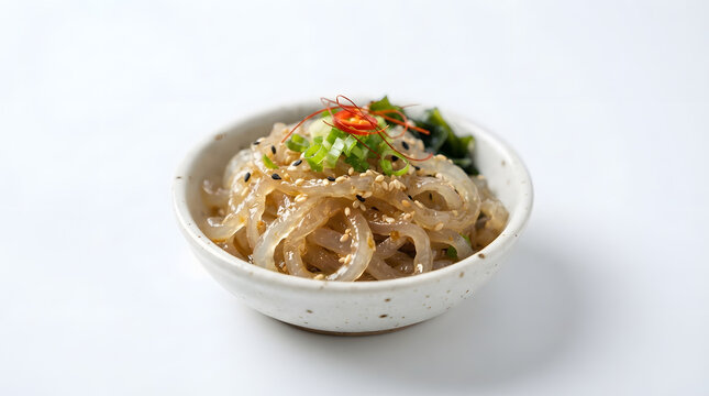 Japanese chuka kurage or jellyfish salad in traditional Zen bowl. Made with soy sauce, dashi stock, rice wine and other easy seasonings, low calorie makes it a healthy menu choice