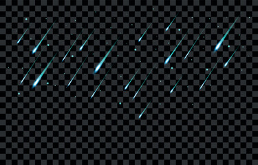 Bright cyan meteor shower trails isolated on transparent background  diagonal glowing comet sparks, blue neon cosmic rain streaks, or matrix digital light falling element © Romeo