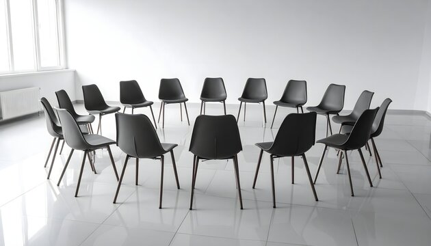 Sillas negras colocadas en c&iacute;rculo en una sala blanca luminosa para reuni&oacute;n, terapia o formaci&oacute;n grupal